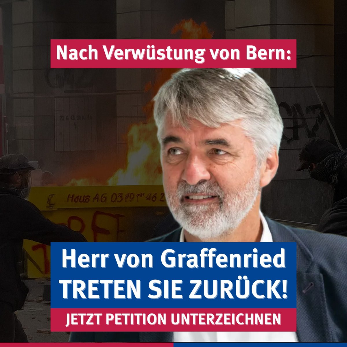 Der <a href="/JungfreisinnBE/">Jungfreisinnige Bern</a> fordert in einer Petition den Rücktritt von Sicherheitsdirektor <a href="/avongraffenried/">Alec von Graffenried</a> als Reaktion auf die Ausschreitungen in der <a href="/Bern_Stadt/">Stadt Bern</a>. Hier kannst du die Petition unterstützen: forms.gle/qChxQz9H9i1x8T…