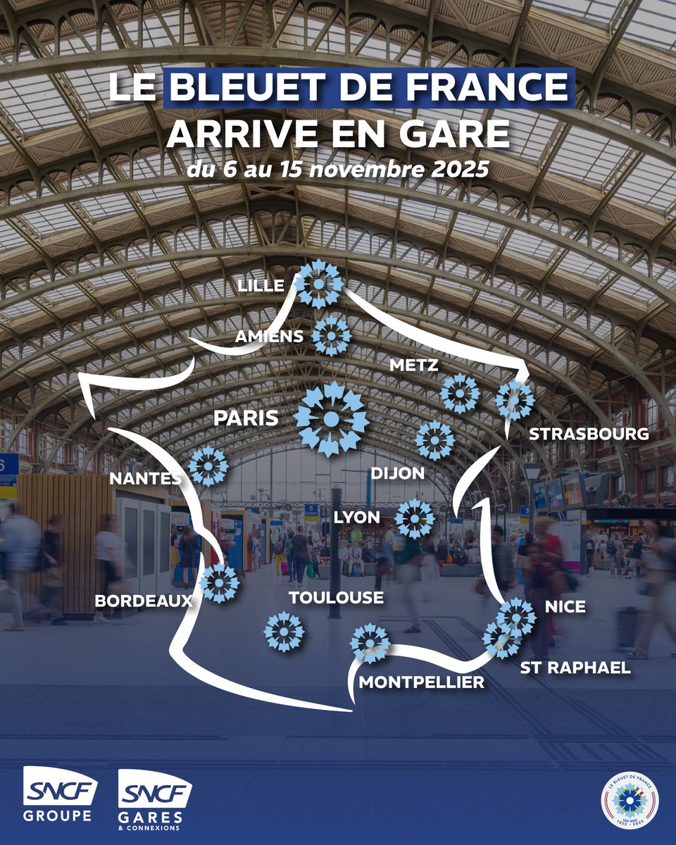 🚞 Le Bleuet de France arrive en gare

Du 6 au 15 novembre, 19 grandes gares françaises se transformeront en lieux de mémoire et de solidarité, à l'occasion du centenaire du Bleuet de France et des 10 ans des attentats de Paris.

Grâce à l’engagement du <a href="/GroupeSNCF/">Groupe SNCF</a>  et de