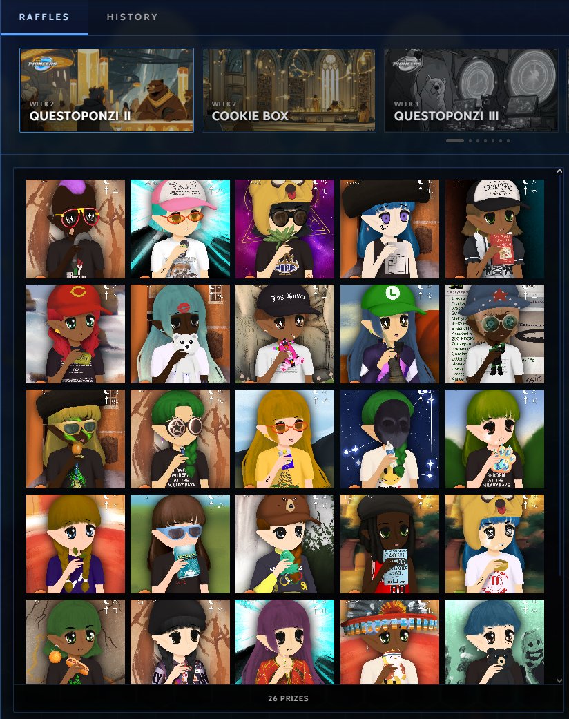 0xhoneyjar's tweet image. Cubquest Questoponzi Season 2, Week 1 Swag Rank B @miberamaker333 has ended. 30 prizes will be distributed manually soon.

Week 2 Swag Rank A + C raffle has begun.