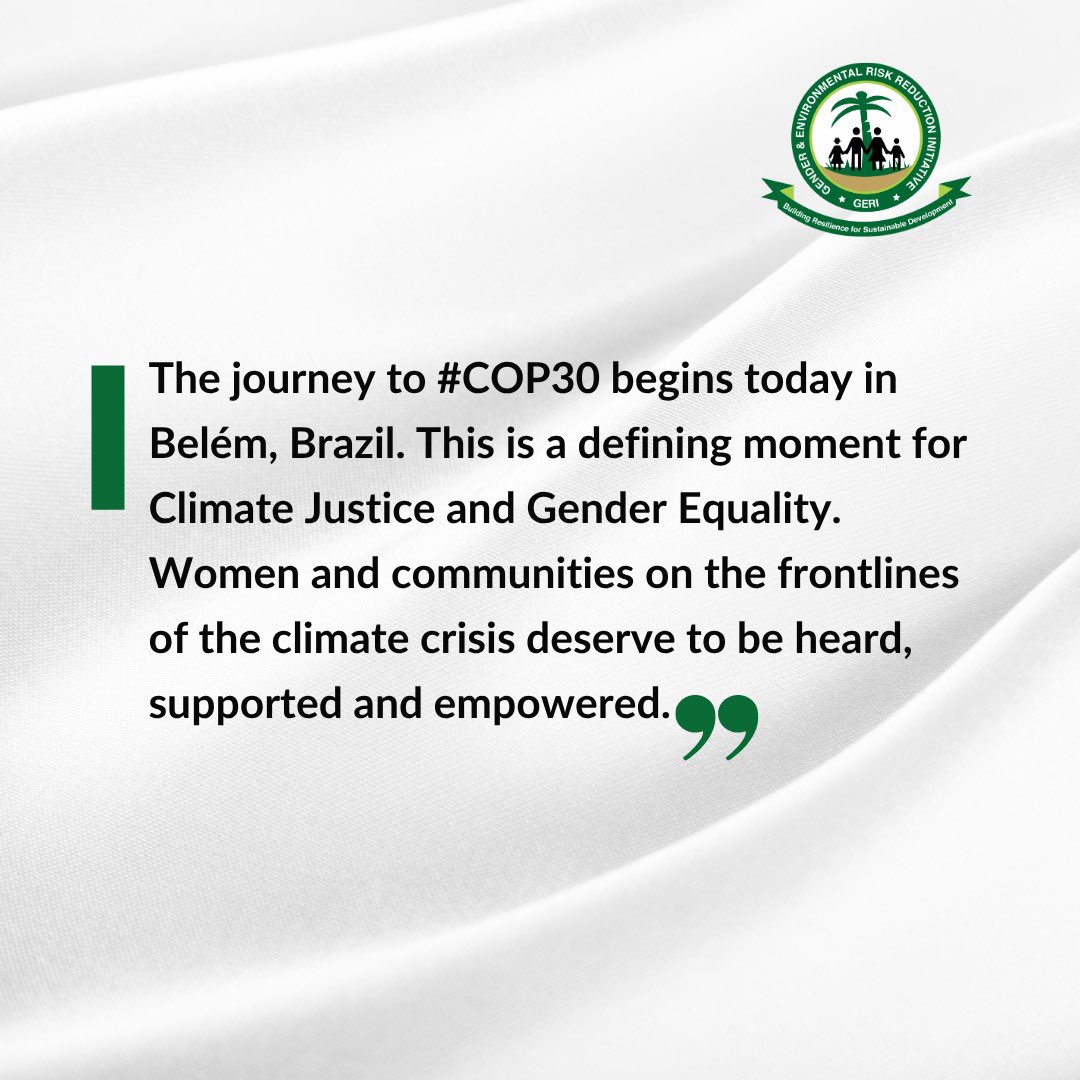 The journey to #COP30 begins today in Belém, #Brazil. This is a defining moment for climate justice and gender equality.
Women and communities on the frontlines of the climate crisis deserve to be heard, supported, and empowered.

#COP30 
#GenderClimateJustice 
#ClimateActionNow