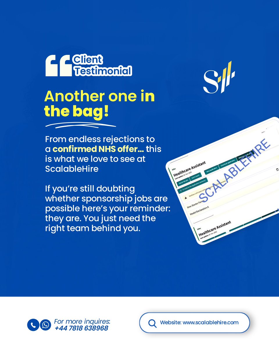 Scalablehire's tweet image. Another NHS offer secured.
Not luck. Strategy.

A strong CV, targeted applications and proper interview preparation make all the difference.

If you’ve been applying with no response, the problem isn’t you. It’s the approach.

Comment OPPORTUNITY to get guidance.
#NHSJobs