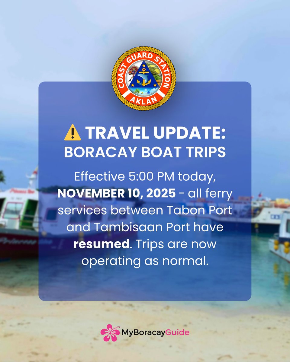 MyBoracayGuide's tweet image. 🚤 Boat trips to Boracay are back on schedule! 🙌
Ferry services between Tabon and Tambisaan Ports have resumed as of 5PM today. 🌴 

#BoracayUpdate #BoracayWeather #Boracay