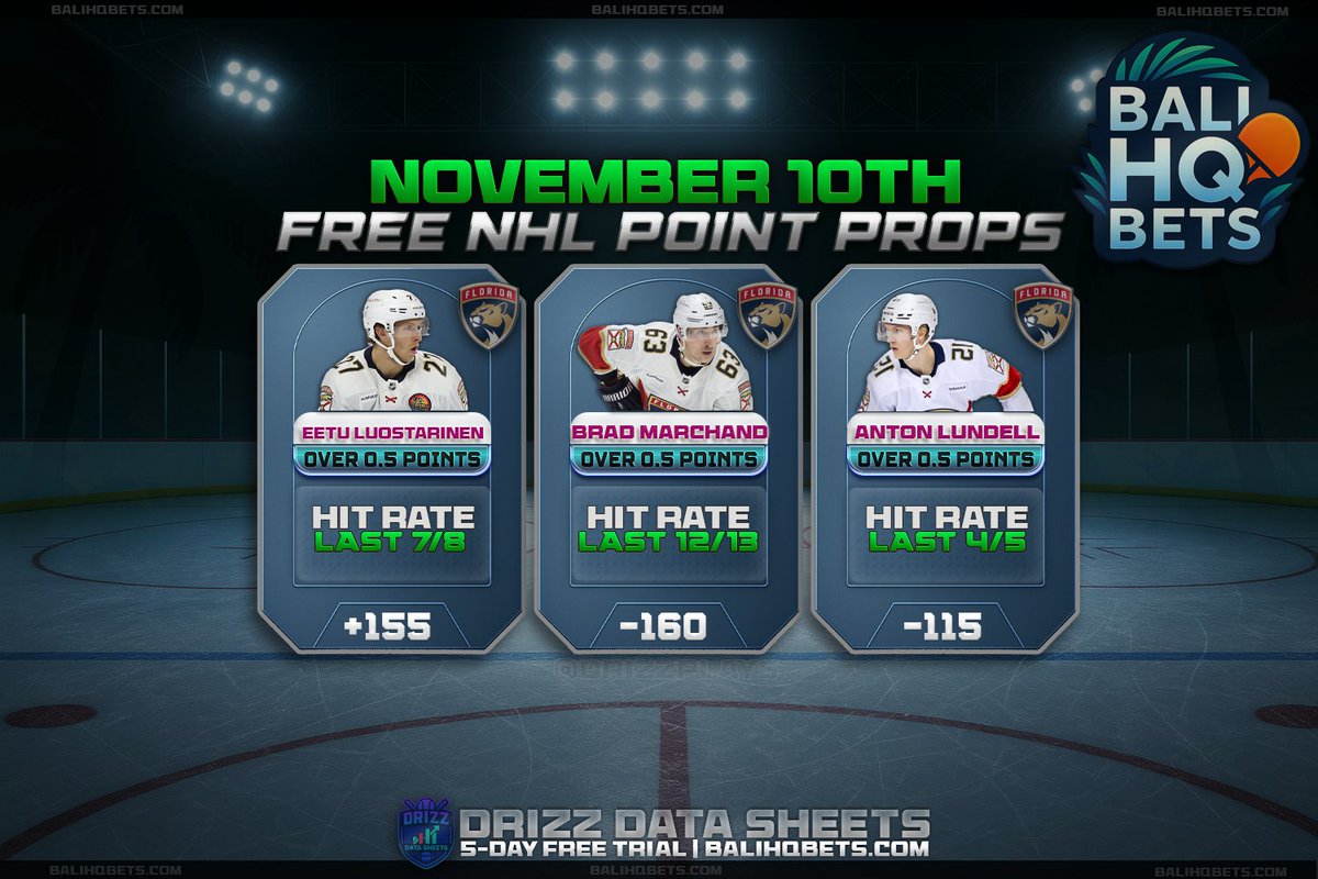 📈 FREE NHL POINT PROPS — Nov 10th

🏒 Eetu Luostarinen – Over 0.5 Points (+155)
🏒 Brad Marchand – Over 0.5 Points (-160)
🏒 Anton Lundell – Over 0.5 Points (-115)

💼 Full data sheets → BaliHQBets.com | <a href="/drizzplays/">drizz</a>
(FREE 5-DAY ACCESS TO EVERY PLAY)

#NHL #NHLPicks