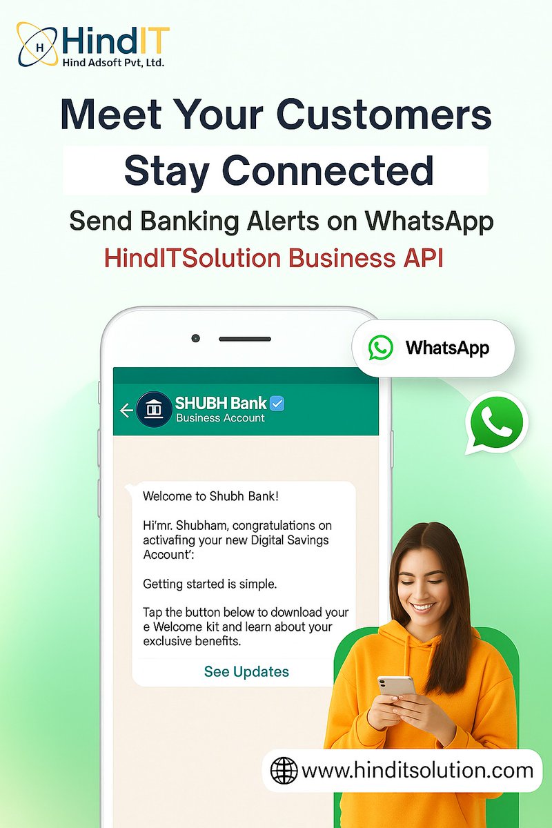 hind_adsoft's tweet image. 💬 Stay closer to your customers!
Send instant banking alerts, offers &amp;amp; updates on WhatsApp with HindIT Business API 🚀
#HindIT #WhatsAppAPI #BusinessGrowth #DigitalBanking