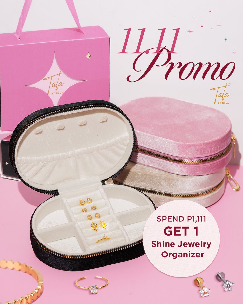 talabykyla's tweet photo. IT’S GIFTING SEASON! 💝

Get your fav TALA pieces for only ₱111 (LIVE EXCLUSIVE), and receive a FREE SHINE JEWELRY ORGANIZER if you spend ₱1,111 this 11.11 💖

Shop from our OFFICIAL ONLINE STORES:
Shopee: https://t.co/GKCHEeerZq
TikTok: https://t.co/QnnsLlq5yX https://t.co/yhbWyGe0HK