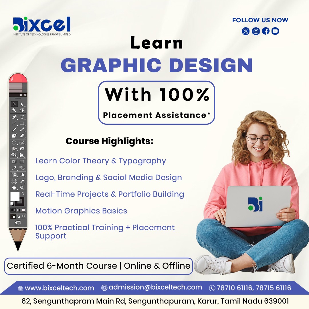 bixceltech's tweet image. Turn your creativity into a career! Learn Graphic Design with 100% Placement Assistance at Bixcel#BixcelInstitute #GraphicDesignCourse #DesignWithBixcel #CreativeLearning
