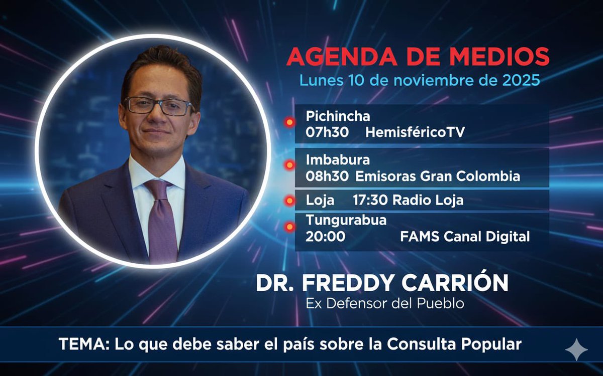 PrisSchettini's tweet image. 🔴Agenda de Medios:
Lunes 10 de noviembre de 2025 

#FreddyCarrion Ex Defensor del Pueblo (@ElDefensorEc), hablará sobre lo que el país debe conocer de la #ConsultaPopular 

#Pichincha #Imbabura #Loja #Tungurahua