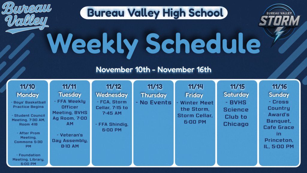 ⚡The schedule for this upcoming week at Bureau Valley High School! Let's have a great week! ⚡ 

#DefendTheVALLEY