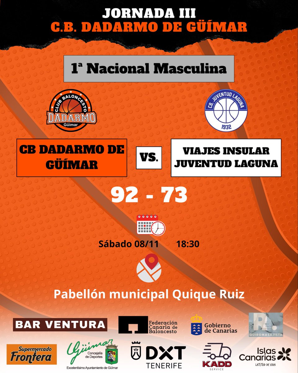 Victoria contundente 💪
CB Dadarmo de Güímar 92 - 73 Viajes Insular Juventud Laguna
Gran trabajo de todo el equipo y una afición increíble en el Pabellón Quique Ruiz 🧡🔥
#CBDadarmo #Baloncesto #Tenerife #Vamosdadarmo