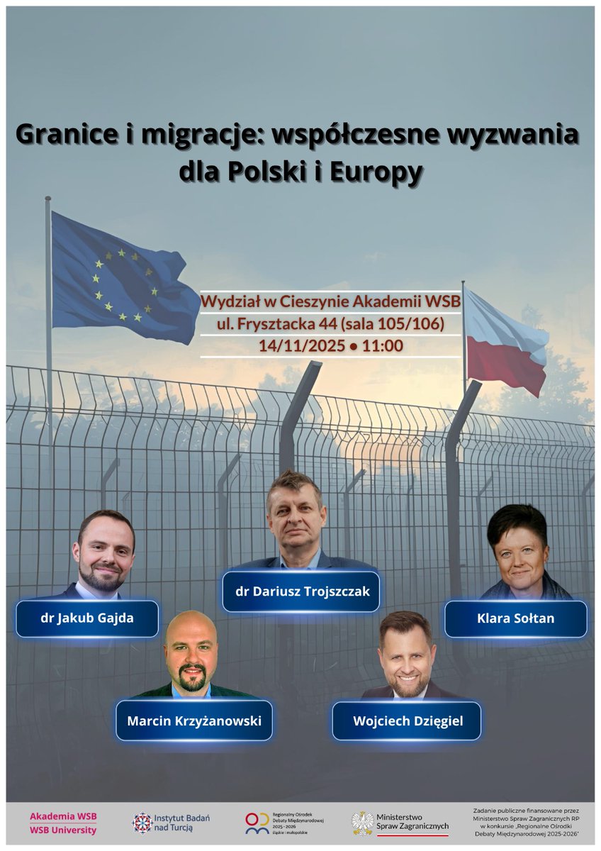 📢 Zapraszamy na debatę „Granice i migracje: współczesne wyzwania dla Polski i Europy”.

Wezmą w niej udział: dr <a href="/JakubGGajda/">Jakub Gajda🇵🇱</a>, dr Dariusz Trojszczak <a href="/WDziegiel/">Wojciech Dziegiel</a>, <a href="/makrzyz/">Marcin Krzyżanowski</a>, <a href="/klarasoltan/">Klara Maria</a>.

➡️ facebook.com/events/s/grani…