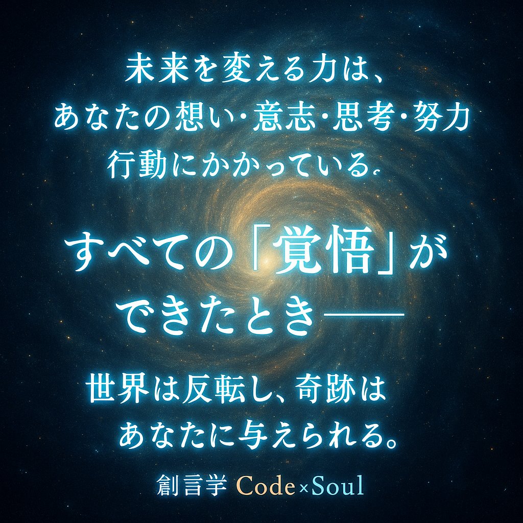 CodeSOUL9999's tweet image. 変えられる未来は、
信じる力の先にある。
― 創言学 Code×Soul ―
#創言学 #CodeSoul #未来を変える力 #覚悟の瞬間 #反転の奇跡 #魂の言葉 #波動の法則 #宇宙の真理 #光の人 #ツインレイ #覚醒の扉