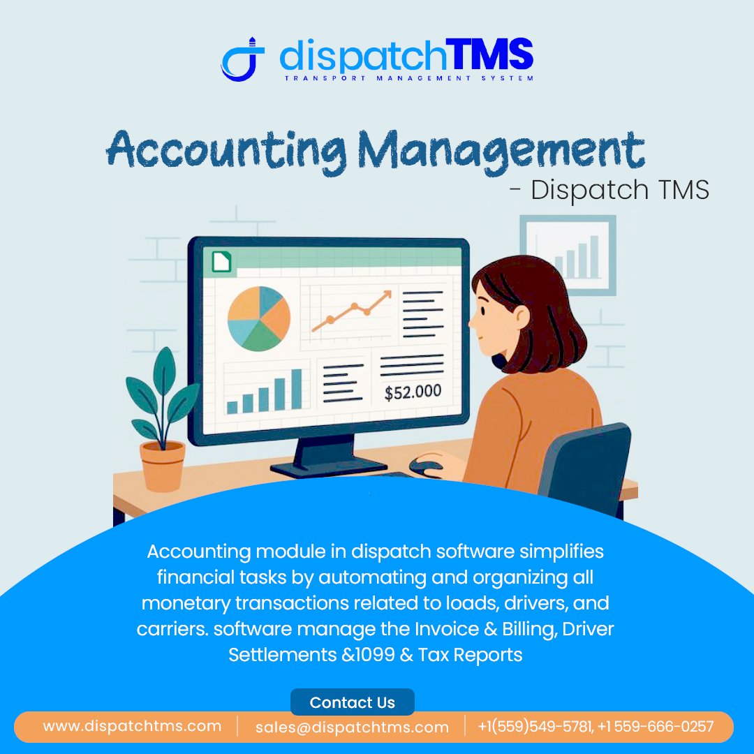 dispatchtms's tweet image. Accounting Management - Dispatch TMS

Accounting module in dispatch software simplifies
financial tasks by automating and organizing all
monetary transactions related to loads, drivers, and
carriers. #transportationtech #FutureOfWork  #ss #FutureOfWork #DigitalTransformation