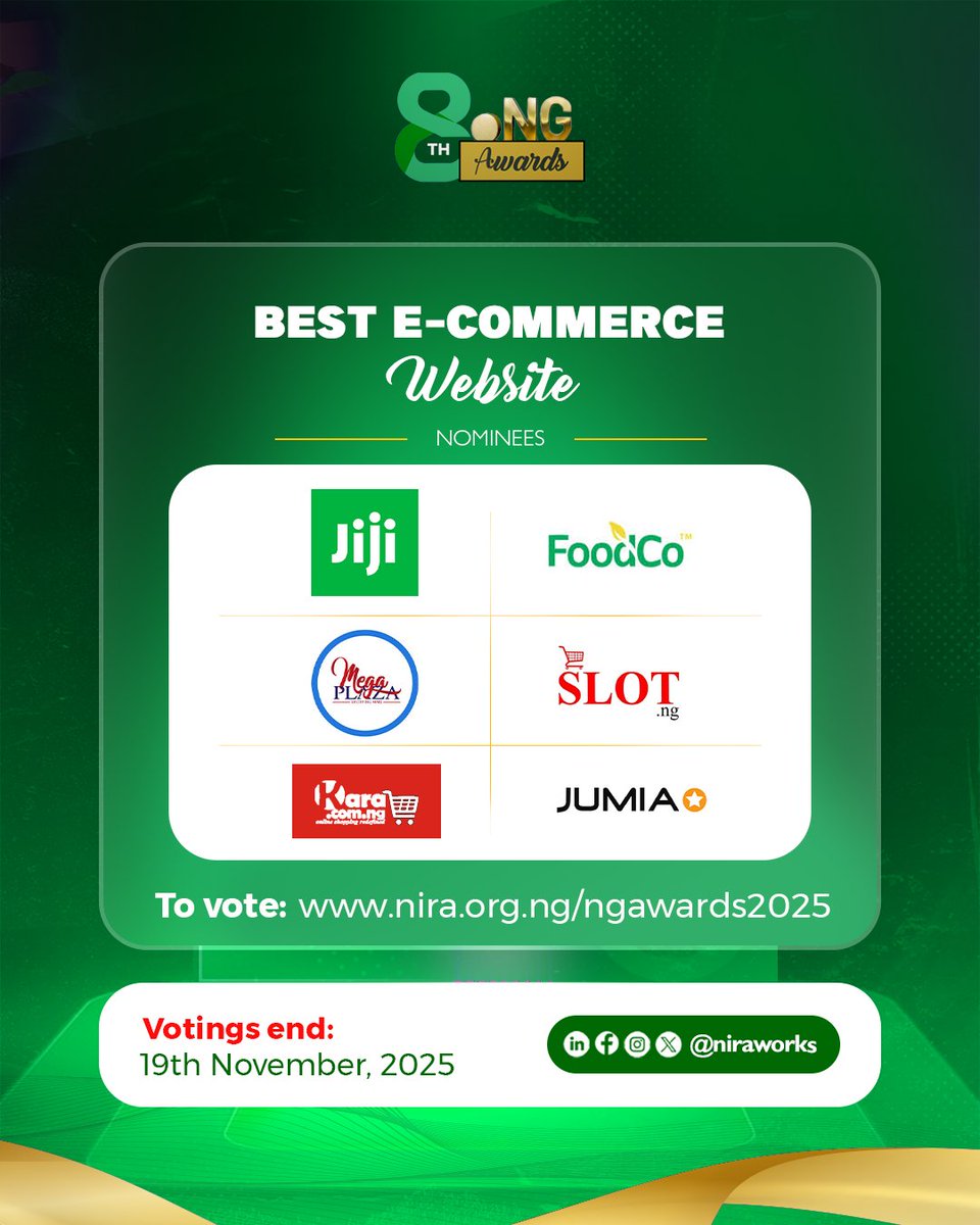 niraworks's tweet image. Meet the Nominees for Best E-commerce Website/Portal: @JijiNigeria, @megaplazang, @Slotng, Kara, @Foodco, and @JumiaNigeria. 
These platforms continue to redefine how Nigerians shop, pay, and experience online commerce. 
Vote nira.org.ng/ngawards2025