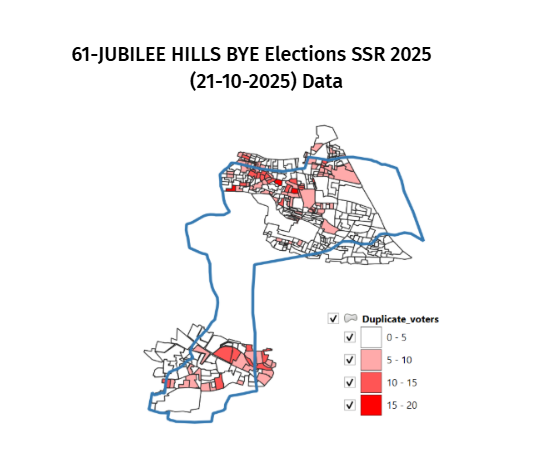 PoliIntelLab's tweet photo. 🚨 Could 1,609 "potential" duplicate voters decide Jubilee Hills tomorrow Nov 11th 2025? 
  ● 🤔 What do these patterns tell us about our electoral data?
  If the winning margin is just 2000-3000 votes, could these duplicates be a game changer? Our computational analysis reveals:
  • Top 10 booths alone have 157 duplicates
  • Booth 115 leads with 19 duplicate entries
  • Why do certain areas show 15-20+ duplicate voters clustered together?
  • How might identical names/addresses across multiple booths impact close elections?
  In tight races, every vote matters. What safeguards ensure these don't affect results?  @umasudhir @abntelugutv  @TeluguScribe  @TeamQnews  @IamwithMallanna 
  #JubileeHills #ElectionIntegrity #VoterRolls #ByeElection2025 #DataTransparency #Democracy #Hyderabad #Telangana
  #Elections2025 #VotingRights #JubileeHillsByElection