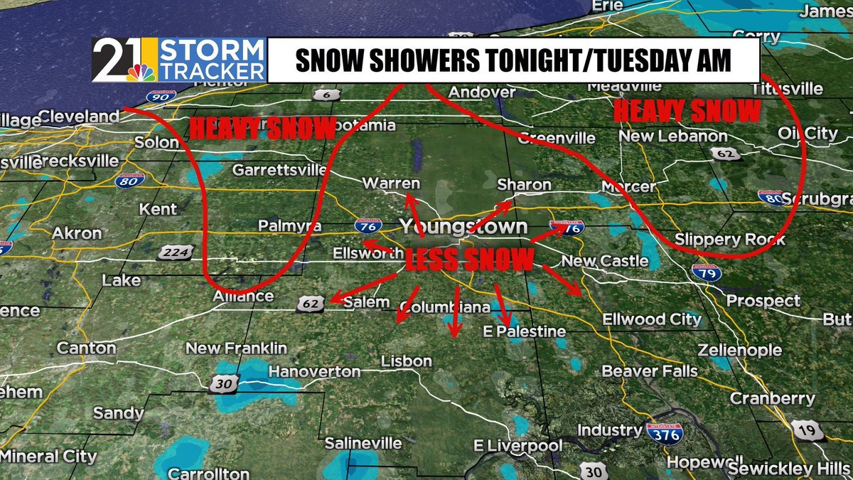2 areas where the snow will probably be most problematic tonight into Tuesday morning: 1) Between our viewing area and Akron/Cleveland on the Turnpike, I-76, 422, etc. 2) Ashtabula Co to Erie PA and down into central/eastern Mercer Co, including I-79.