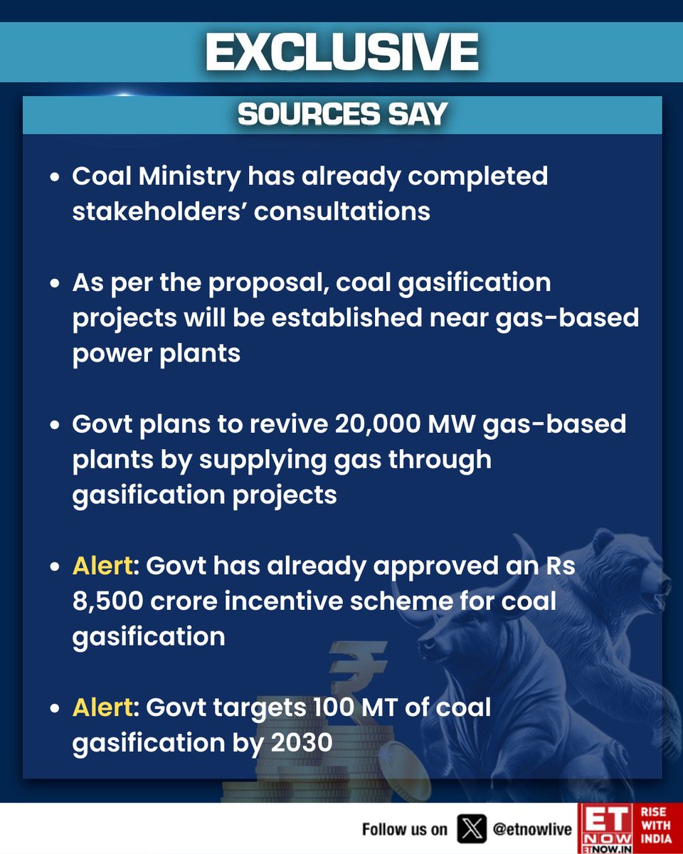 ETNOWlive's tweet image. #SourcesSay | Govt plans ₹50,000 cr incentive for coal gasification to revive gas-based power plants and target 100 MT by 2030

@priyadarshi108 #GOI #IndianGovernment