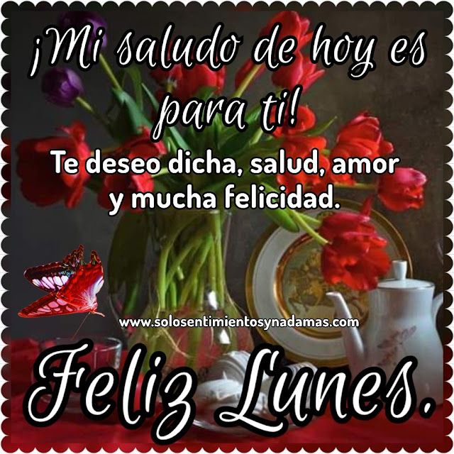 A decorative image with a bouquet of red and purple tulips in a vase placed on a table next to a white teacup and saucer and a teapot. A red butterfly perches on the bouquet. Bold white text overlays read Mi saludo de hoy es para ti in the top section Te deseo dicha salud amor y mucha felicidad in the middle and Felices Lunes at the bottom. A website URL soloolsentimientosynadamascom appears in small text near the bottom right.