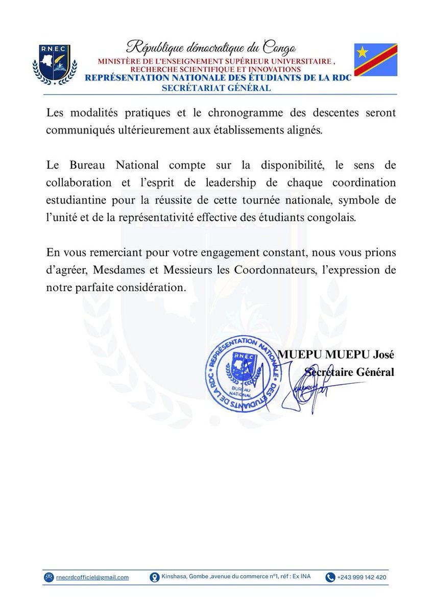 RNECOFFICIELLE's tweet photo. 🚨 Lancement officiel de la Tournée Nationale de la RNEC 🇨🇩
Sous l’impulsion du Président National des Étudiants Congolais, @AlexBukasa01, le Bureau National de la RNEC entame une tournée à travers les établissements supérieurs publics et privés.
#RNEC #ESURDC #Étudiants #RDC https://t.co/1GbgxoBeW4