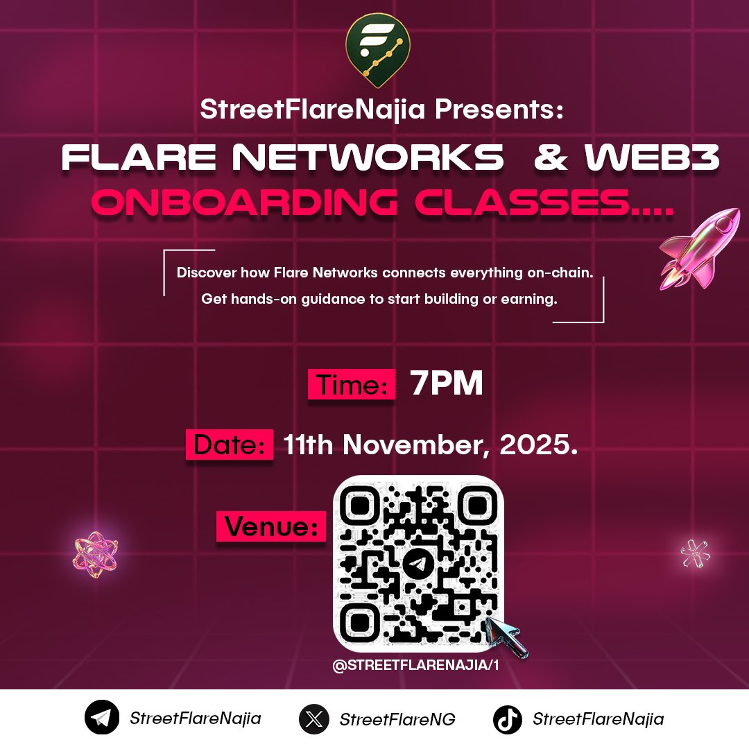 StreetFlareNG_'s tweet image. We are excited to activate our telegram community!.

But we are not coming empty-handed 👀..

Presenting Flare Networks Onboarding #Classes learn how Flare connects everything on-chain….

Join the community: 

t.me/StreetFlareNai…

#web3 #FlareNetwork