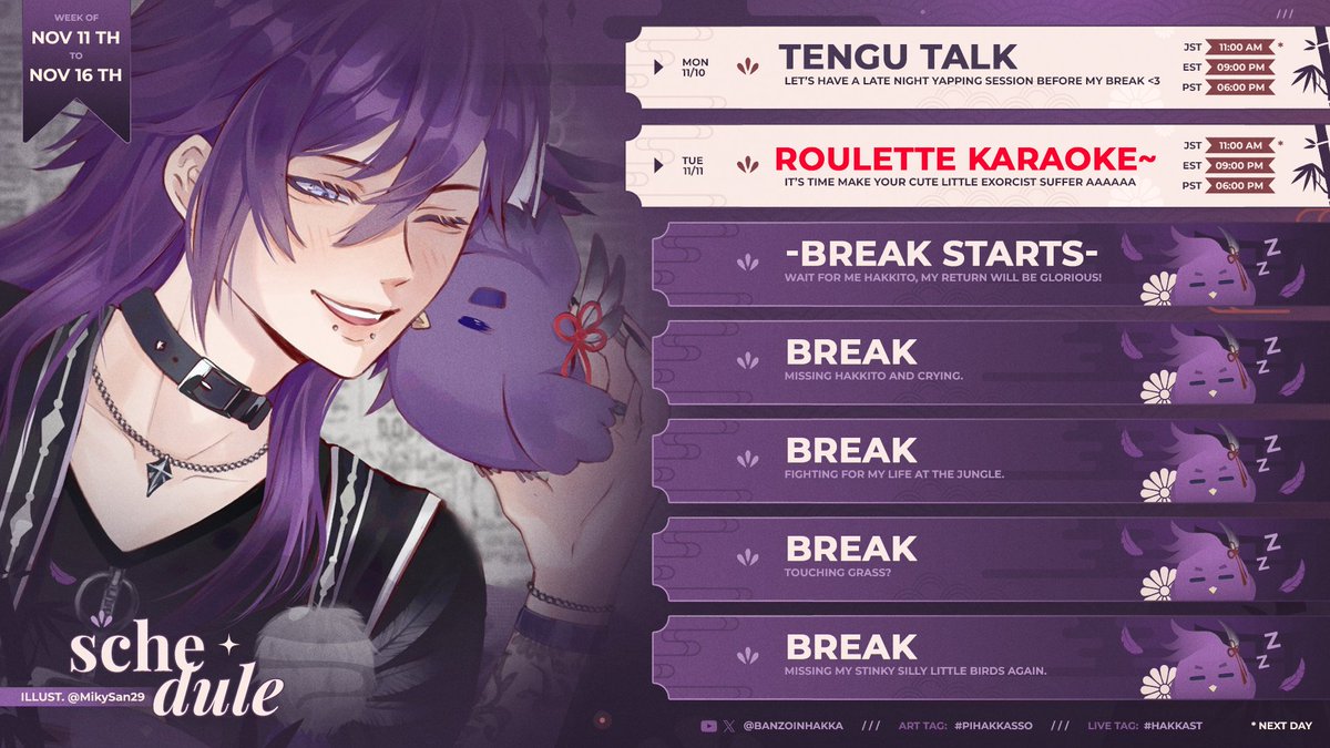 ATTENTION MY HAKKITO🐦‍⬛📢‼️

The Coolest and the Cutest Little Exorcist will be going on break 🏝️

🔅Starting from Nov 12th returning on Nov 19th🔅

Wish me lots of luck and plenty of rest my little birds!

Please be good Hakkitos while I'm resting.

I will miss you guys a lot 😭