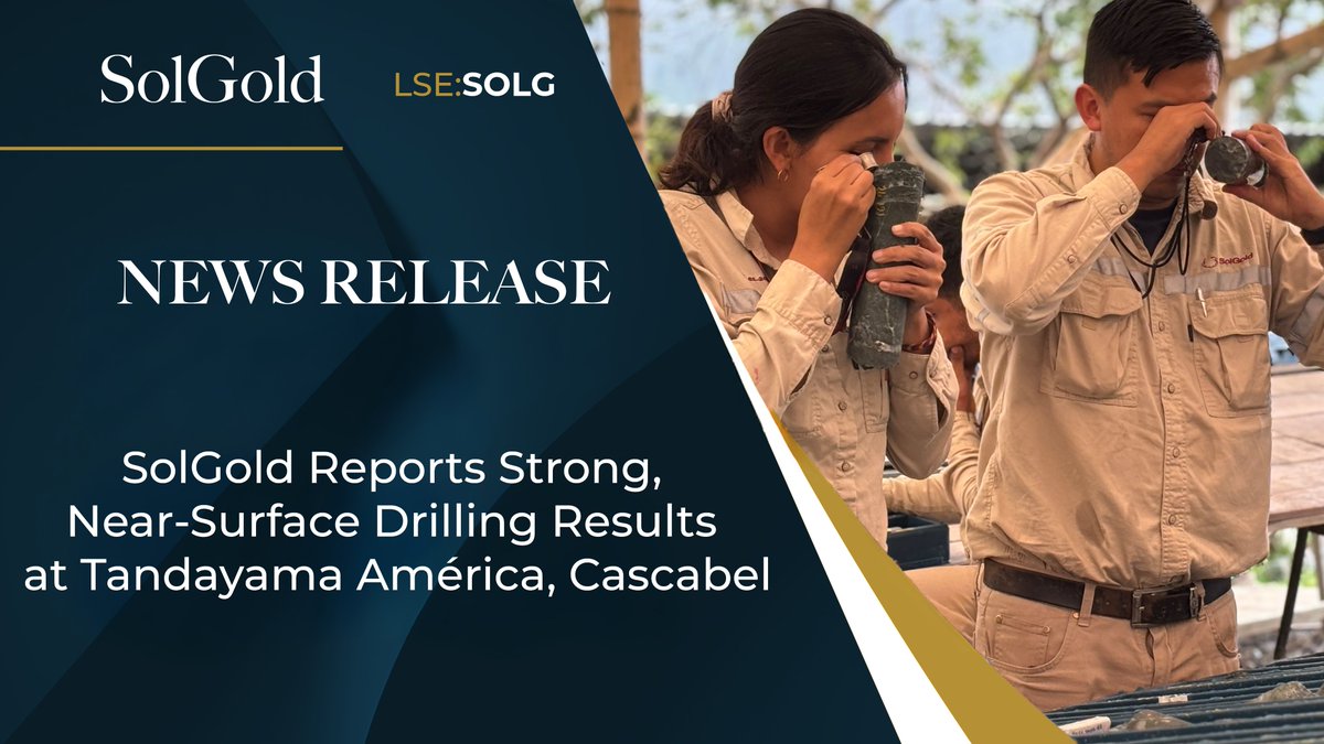 Tandayama-América delivers again. 
160.5 m @ 0.77 % CuEq from 11.5 m, — a broad, near-surface copper-gold system advancing SolGold’s Cascabel Project. 
The strategy is working and it’s reshaping the future of Cascabel and SolGold.
Read more: bit.ly/3WIXH7r
#Copper #Gold