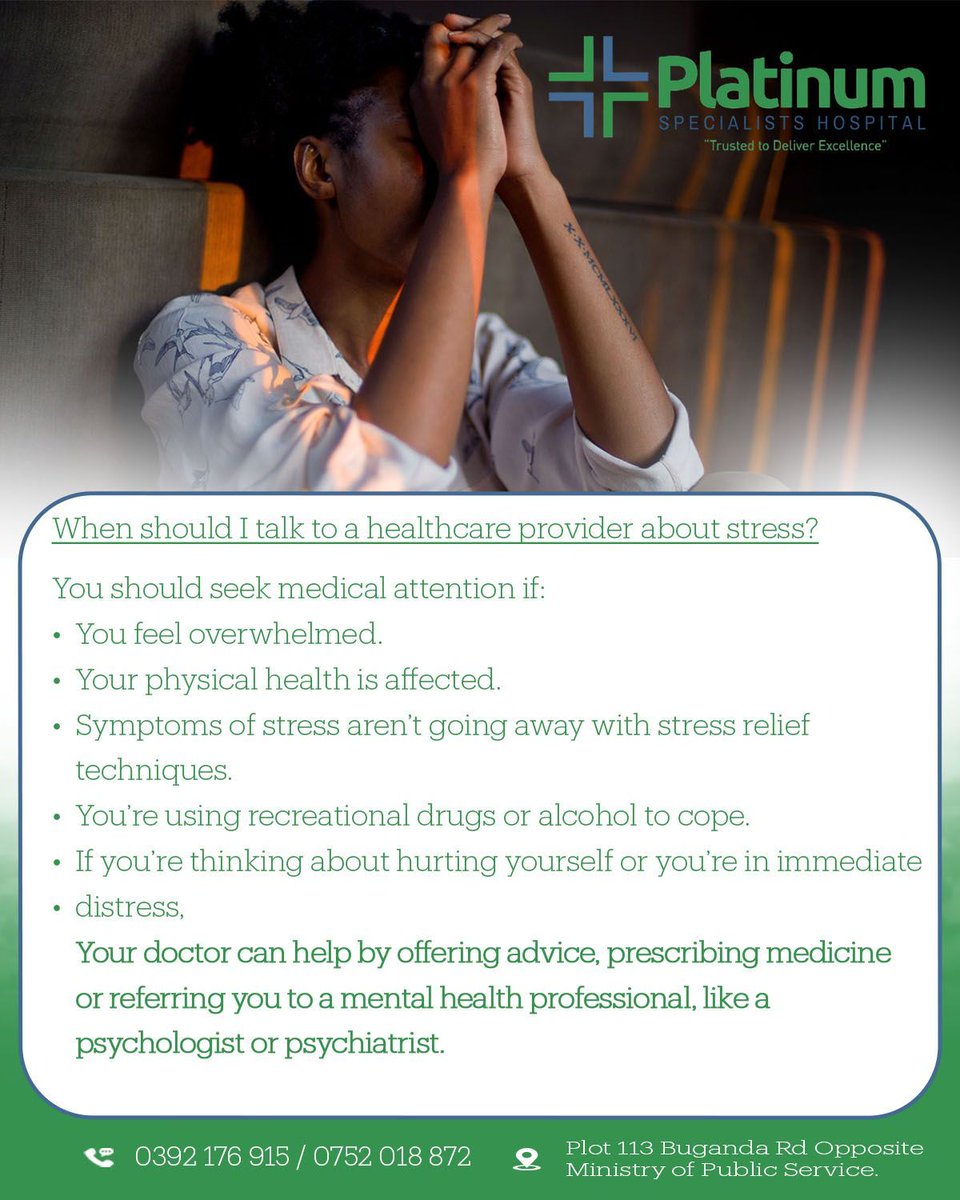 Consult with your healthcare provider about issues concerning your health or visit us at Plot 113 Along Buganda Road.
Call 039 2176915 / +256 752 018872 for any inquiries and appointments.

#StressAwareness
#MentalHealth
