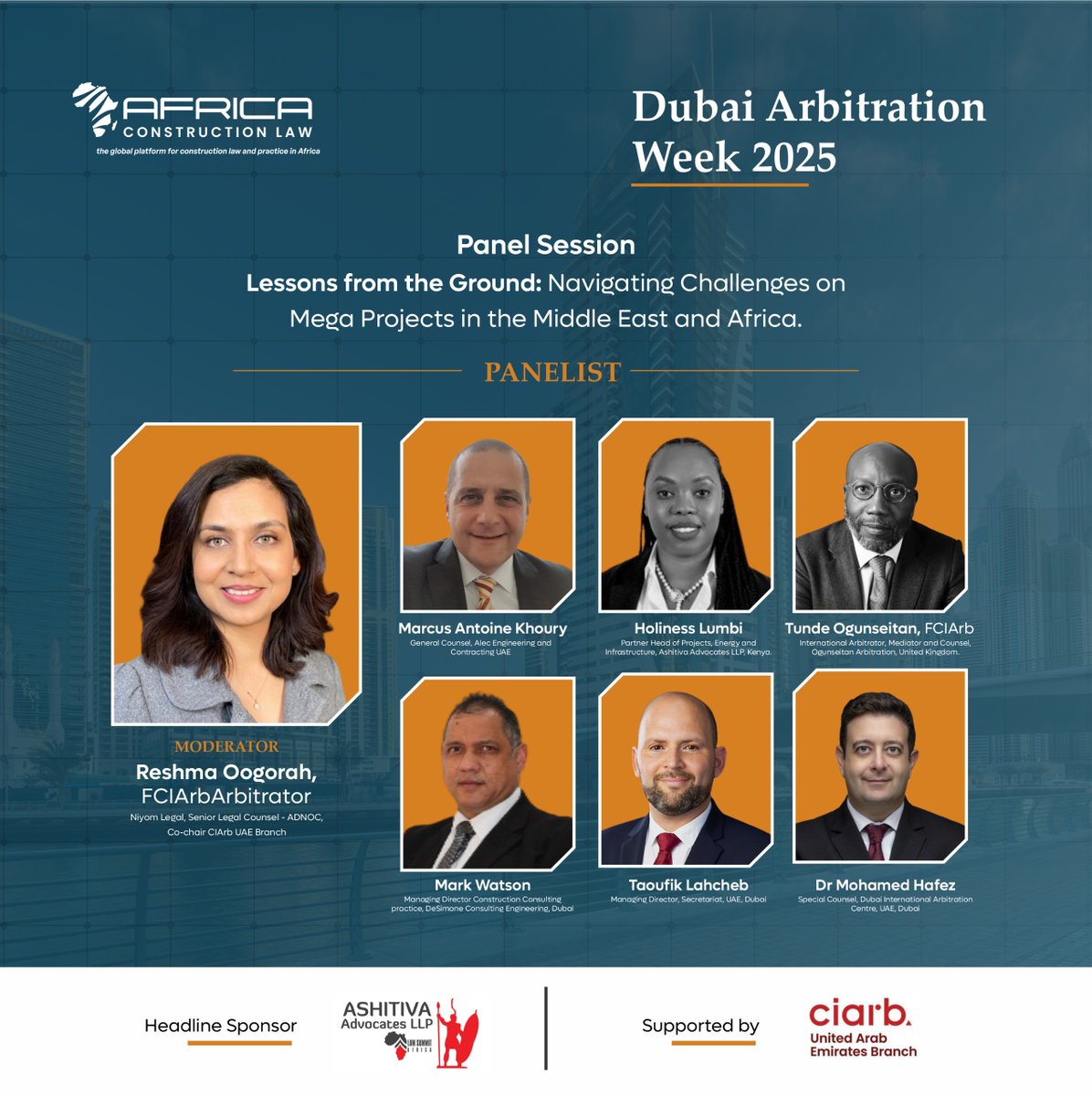 Join us today at our panel session “𝐋𝐞𝐬𝐬𝐨𝐧𝐬 𝐟𝐫𝐨𝐦 𝐭𝐡𝐞  𝐆𝐫𝐨𝐮𝐧𝐝: 𝐍𝐚𝐯𝐢𝐠𝐚𝐭𝐢𝐧𝐠 𝐂𝐡𝐚𝐥𝐥𝐞𝐧𝐠𝐞𝐬 𝐨𝐧 𝐌𝐞𝐠𝐚  𝐏𝐫𝐨𝐣𝐞𝐜𝐭𝐬 𝐢𝐧 𝐭𝐡𝐞 𝐌𝐢𝐝𝐝𝐥𝐞 𝐄𝐚𝐬𝐭 𝐚𝐧𝐝 𝐀𝐟𝐫𝐢𝐜𝐚”  in partnership with the CIArb UAE Branch at the DAW 2025.