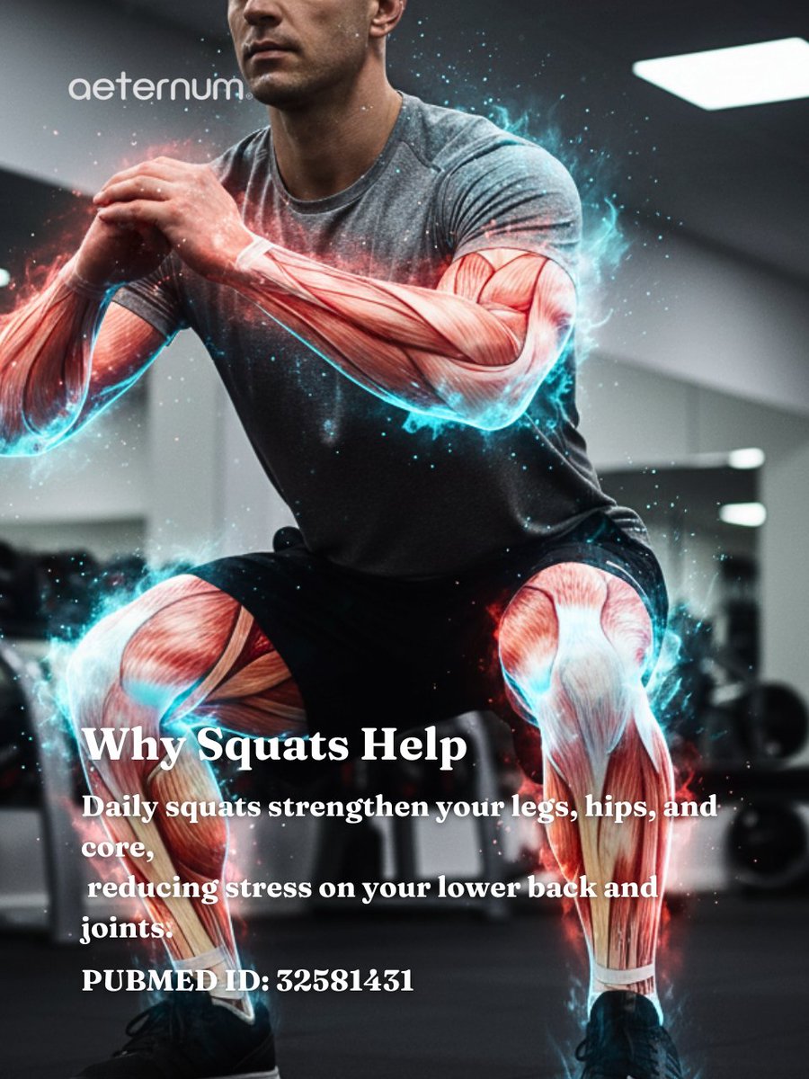 aeternumcompany's tweet image. 🏋️‍♀️ 1 min of squats daily strengthens legs &amp;amp; core, eases joint pain, and boosts mobility. 💪 Follow us &amp;amp; visit our site for simple, science-backed health tips! #HealthyJoints #BiohackingHealth