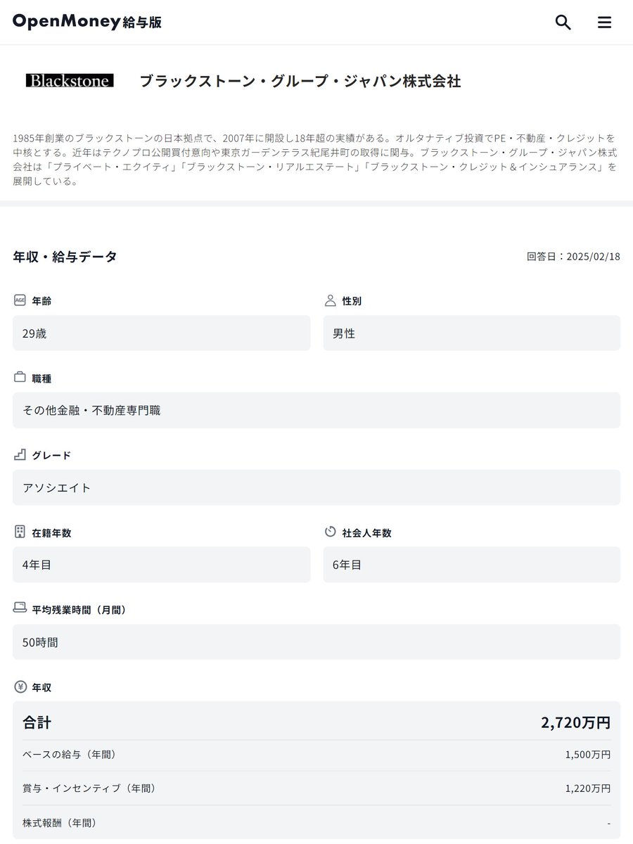 ブラックストーン・グループ・ジャパン 年収2,720万円 29歳/その他金融・不動産専門職/男性 https://t.co/ysUGB0vjHB