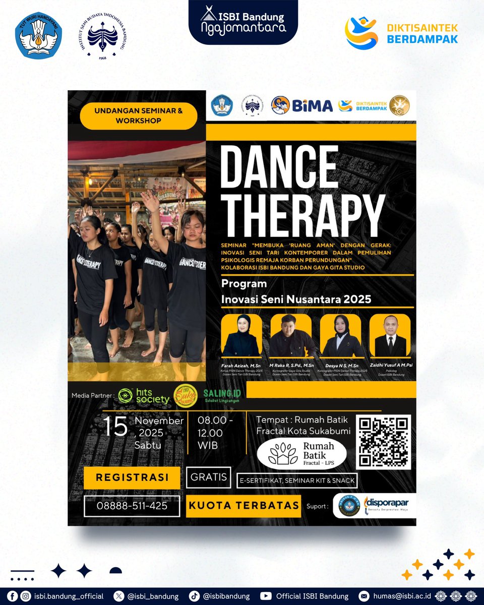 isbi_bandung's tweet image. Yuk Ikuti Seminar &amp;amp; Workshop ✨”DANCE THERAPY&quot;✨

Salam Seni dan Budaya!

#ISBIBandung #LPPMISBIBandung #DanceTherapy #Ngajomantara
#CentreofCreativity #DiktisaintekBerdampak #KampusBerdampak