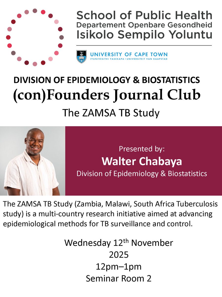 EpiBiostats_UCT's tweet photo. 🗓️Join us for the two (con)Founders Journal Club events happening this week.
Wednesday 12-1pm we’ll be learning about the ZAMSA TB Study and Thursday 1-2pm to hear about the latest findings from the TOPOWA Cohort Study
@UCT_news @UCT_SPH @UCT_Research https://t.co/lM3xh9DvGe