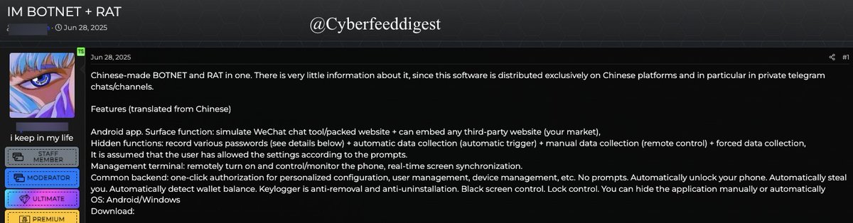 cyberfeeddigest's tweet image. IM Botnet+RAT — Chinese-made Android/Windows Malware (alleged)

A member of a #Darkweb forum allegedly shared an IM #BOTNET + #RAT—distributed on Chinese platforms &amp;amp; private Telegram.
Android app mimics WeChat/embed sites; hidden: password capture, auto/manual/forced data collet