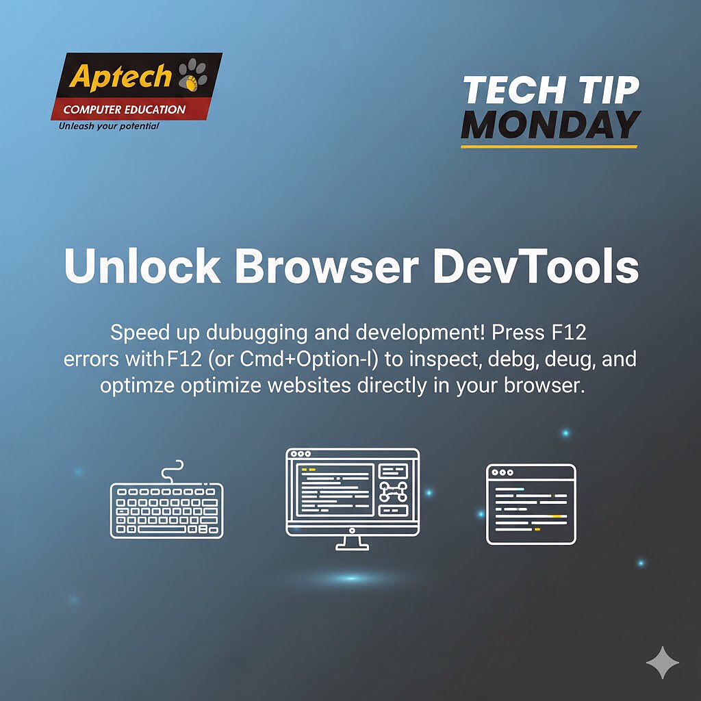 AptechR's tweet image. Unlock browser DevTools. Press F12 (or Cmd+Option+I) to inspect, debug, and optimize websites directly in your browser. A game-changer for every developer! #Aptech #ComputerEducation #DevTools #WebDevelopment #CodingTips #productivity