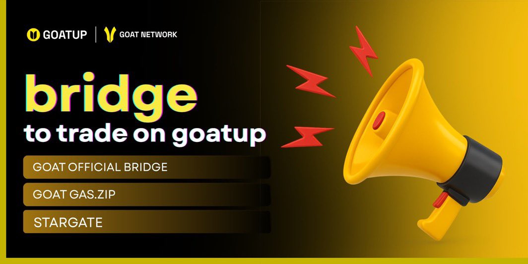 Pivahprotocol's tweet photo. Hi 👋 Guys let’s look at how to bridge and Trade on @goatup_
Bridge → Trade → Earn on #GOATUP 🐐
Bridge → Trade → Earn on #GOATUP 🐐
👉 https://t.co/fVQcaSxnUc
Thinking of leveling up your trading game? Switch to #GOAT Network @goatnetwork first, bridge in, trade clean, and climb that leaderboard. Here’s a simple, human walkthrough so you don’t get stuck:
1.Step 1: Pick a bridge
>Official Bridge (BTC / DOGE / GOATED) best for native $BTC, DOGE or GOATED from Bitcoin, BNB Chain, or Ethereum → GOAT Network.
👉 https://t.co/fVQcaSxnUc
>Gas Top-Up (small only) grab a tiny amount of GOAT gas to start if you’re low.
>Stargate (large, many assets) use this for big transfers of USDC, ETH, and multi-asset moves.
2.Step 2: Fund margin on GOATUP
Supported margin assets: BTC / USDC.e / USDT
Pro tip: bridge the same asset you’ll use as margin to avoid extra swaps and fees.
3.Step 3: Start trading
Open GOATUP → connect wallet → Perps → deposit margin → trade.
You’ll need a small amount of GOAT gas for first txs Gas Top-Up is handy for that. Always double-check the destination chain = GOAT Network before confirming any bridge.
🏆 Switch to #GOAT Network before trading & start climbing the leaderboard Bridge to GOAT Network → Trade on #GOATUP.
Quick checklist before you bridge:
• Destination chain = GOAT Network ✅
• Margin asset matches bridged asset ✅
• Small GOAT gas ready ✅