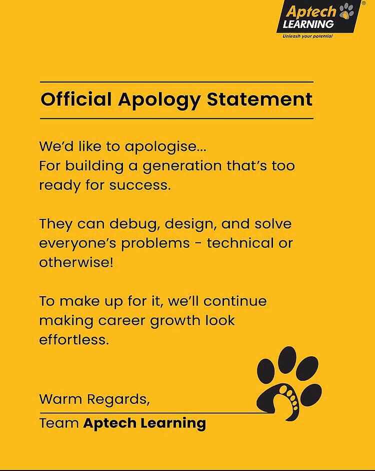 AptechR's tweet image. We didn’t mean to make success look effortless… it just happened.

#AptechLearning #LearnWithAptech #OfficialApology #ApologyTrend #MemeTrend #StudentLife #SkillUpWithAptech #TechEducation #TrendingNow