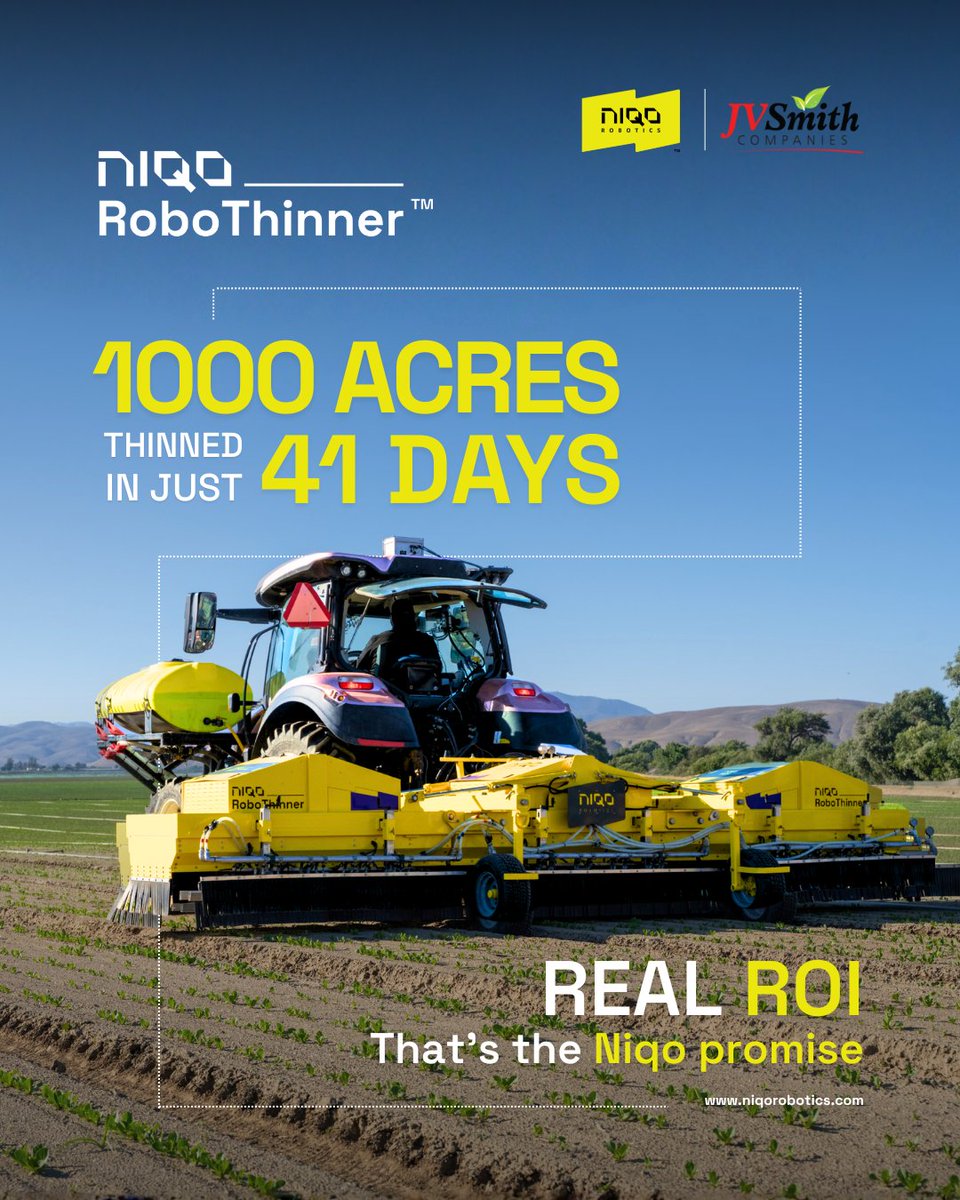 NiqoRobotics's tweet image. Huge congratulations to the team at JV Farms for crossing the 1,000-acre lettuce thinning mark.
The team reached this massive milestone in just 41 days—a phenomenal demonstration of efficiency and scale, using the @NiqoRobotics RoboThinner
#AgTech #PrecisionAgriculture #Robotics