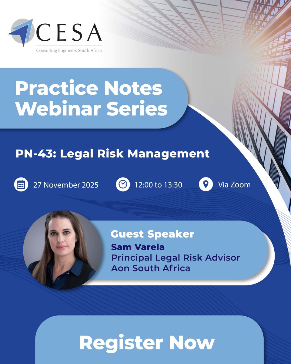 The_CESA's tweet image. Join our final next Practice Notes webinar as we unpack PN-43: Legal Risk Management, exploring key issues around contractual risk, professional liability, contract documentation, and common causes of liability claims.
Register now: cesa.co.za/eventreg/?id=4…

#PracticeNotes