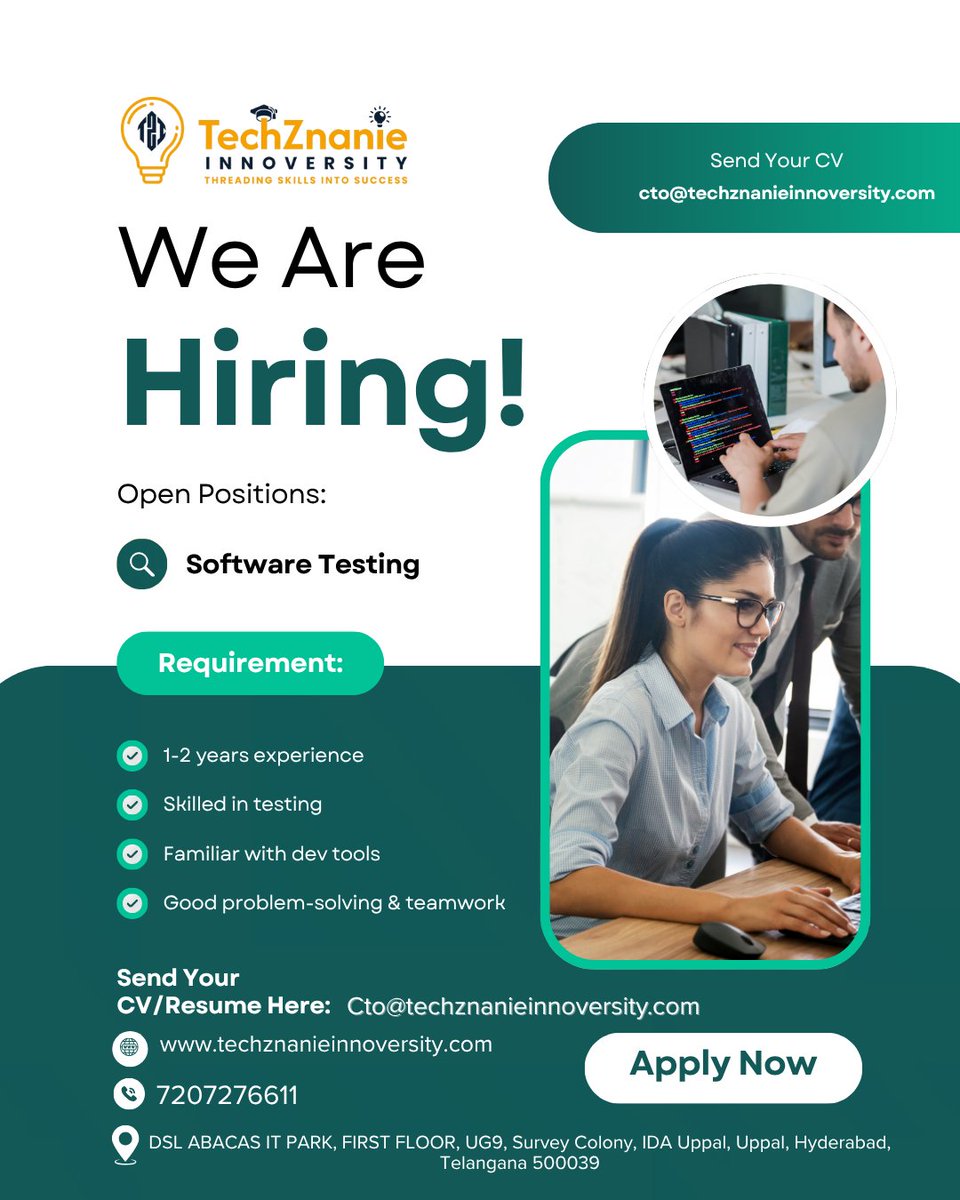 TechZnanie's tweet image. 🚀 Step into your IT career with Techznanie Innoversity! We’re hiring passionate Software Testing professionals (1–2 year experience).
📩 Apply now and be part of our growing team!

Cto@techznanieinnoversity.com#TechznanieInnoversity #WeAreHiring #SoftwareTestingJobs #ITCareers