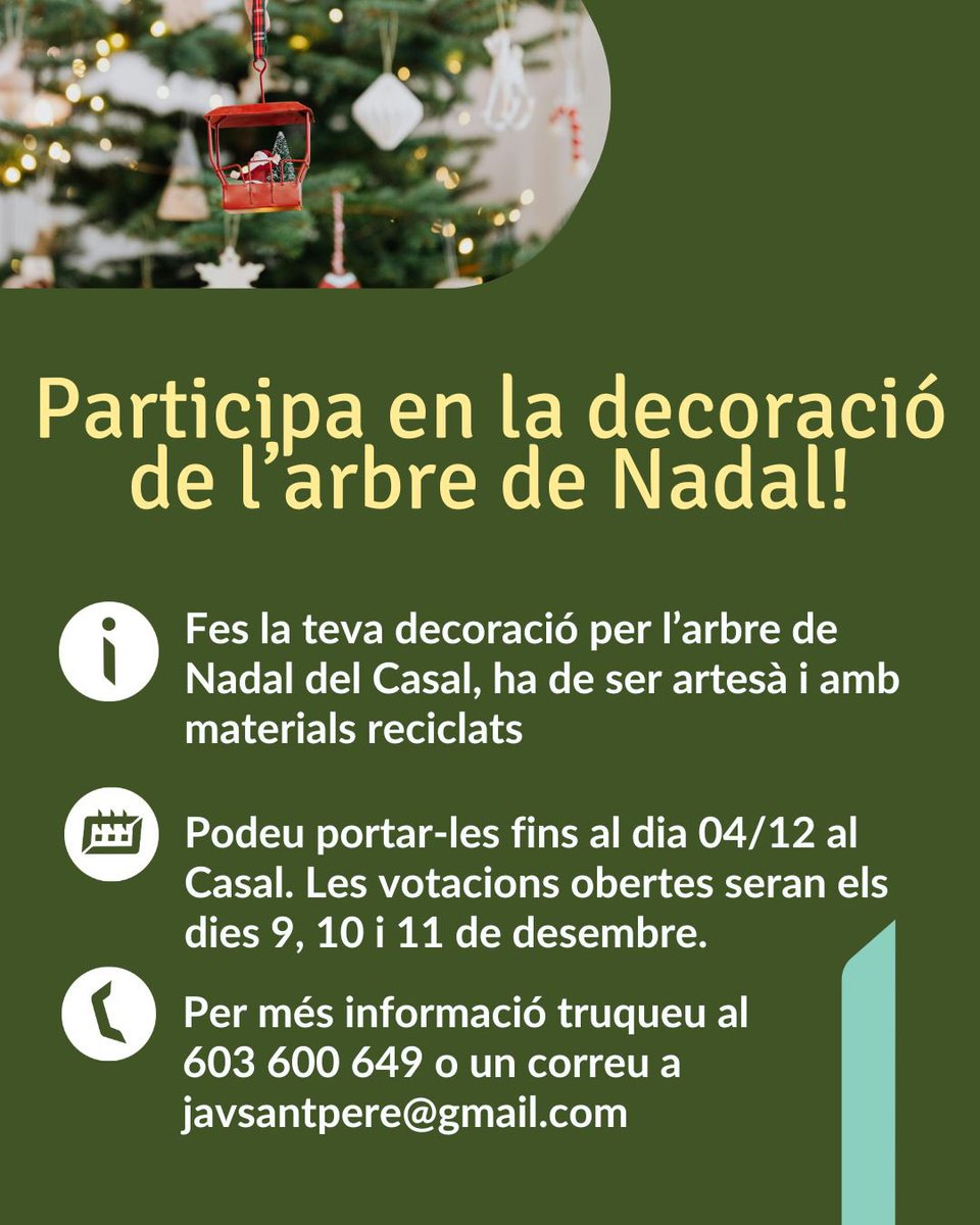 🎄✨ Decorem junts l’arbre de Nadal del Casal de Sant Pere! ✨🎄

El Nadal ja s’acosta i volem que el nostre arbre llueixi amb tota la màgia del barri.
Us convidem a venir i participar en la decoració.🌟

📅 Fins el 04/12 
🕓 De 10 a 12 i de 16 a 20h
📍 Casal de Sant Pere