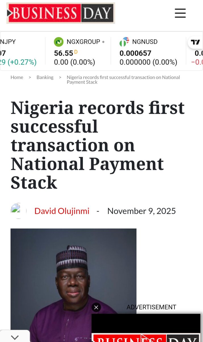 DOlusegun's tweet photo. Nigeria’s digital payment journey has hit a defining milestone.

At exactly 11:56 a.m. on Friday, November 7, 2025, the first live transaction on the National Payment Stack (NPS) was successfully completed.

The transaction, executed between PalmPay and Wema Bank, was processed in milliseconds with instant settlement,  marking the first real-world test of Nigeria’s new unified digital payments infrastructure, developed to ensure interoperability, faster settlements, and reduced costs across financial platforms.

This milestone signals a new era for Nigeria’s fintech ecosystem, one where payments are instant, secure, and truly connected across banks, fintechs, and mobile platforms.

The future of payments is now live.