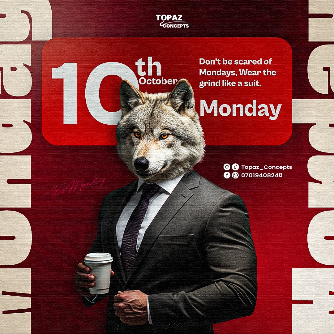 oluwatobia44922's tweet image. Don’t fear Mondays — dominate them.
Wear the grind like a suit. 🐺💼✨✍🏽
#MondayGrind #WolfMode #TopazConcepts #CreativePower #MondayVibes #AlphaMindset #WorkFlow #StayHungry #DesignCulture #VisualPower #RiseAndGrind