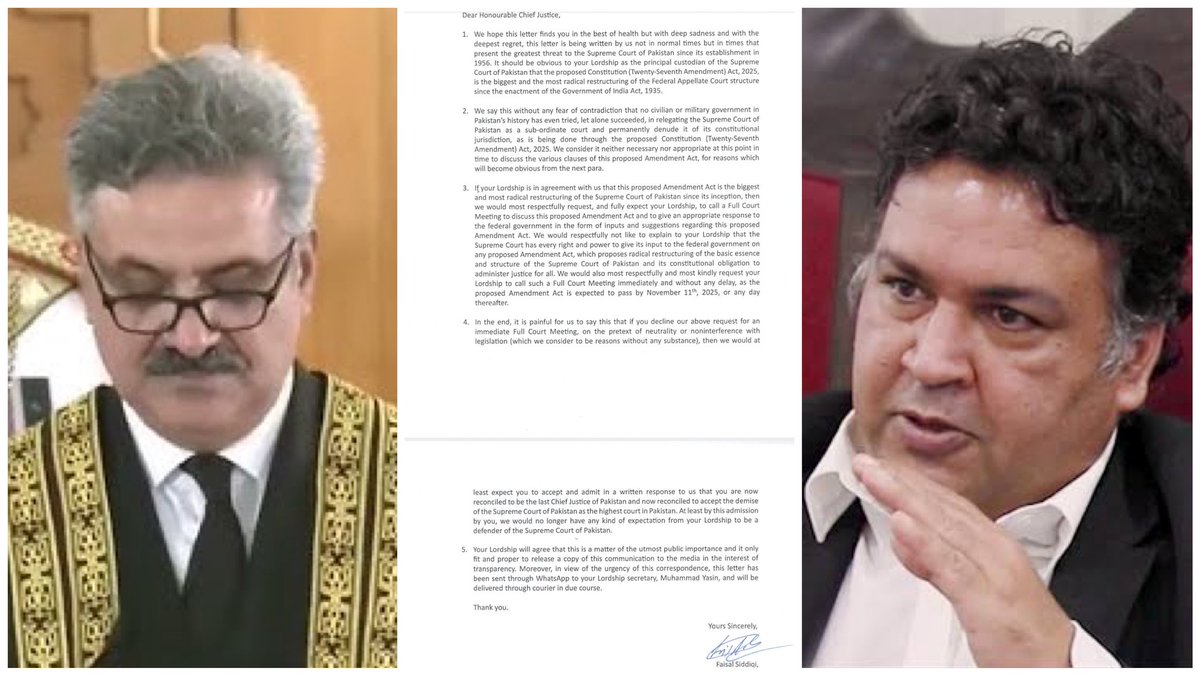 یحییٰ آفریدی کا ضمیر جھنجھوڑنے کی ایک آخری کوشش بھی کردی گئی !

محترم چیف جسٹس صاحب،
ہم اُمید کرتے ہیں کہ یہ خط آپ کو خیریت سے ملے گا، لیکن نہایت افسوس اور گہرے دکھ کے ساتھ ہم یہ خط ایسے غیر معمولی حالات میں لکھ رہے ہیں، جب سپریم کورٹ آف پاکستان کو اپنی تاریخ کے سب سے بڑے خطرے کا