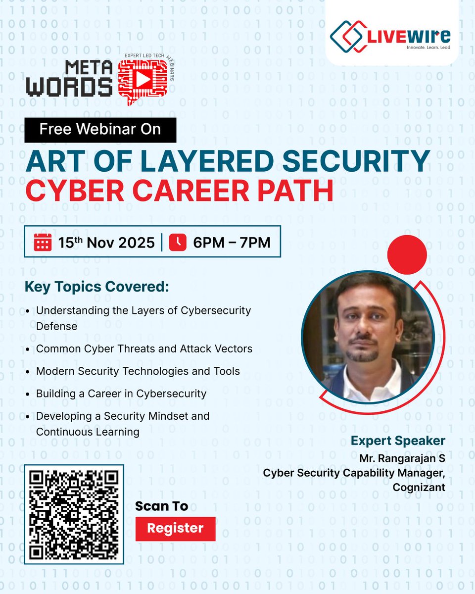 LIVEWIRE_India's tweet image. Cyber threats are everywhere—are you prepared? 
Join Mr. Rangarajan S, Cyber Security Capability Manager at Cognizant, to learn how experts defend data, tackle threats, and build resilient systems.

Register now- bit.ly/4iaRU4x

#LivewireIndia #Cybersecurity #TechWebinar