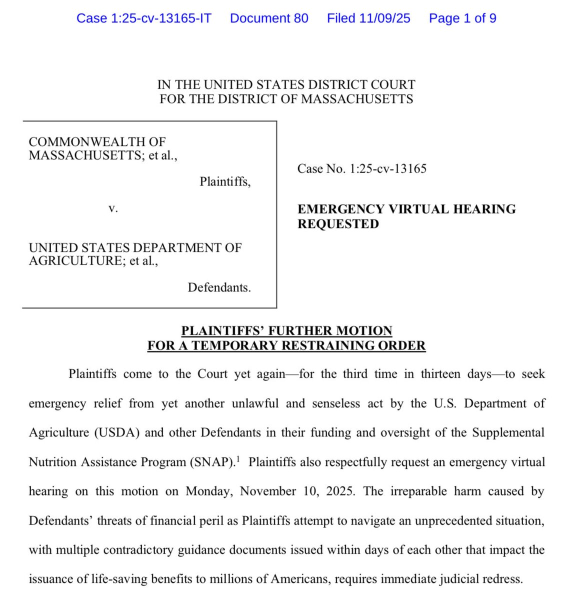 chrisgeidner's tweet image. NEW: Following the Trump administration’s weekend actions, the states suing over the SNAP benefits went back to court in Massachusetts on Sunday night, seeking a TRO to block the admin from acting on its penalty threats to states making full payments. storage.courtlistener.com/recap/gov.usco…