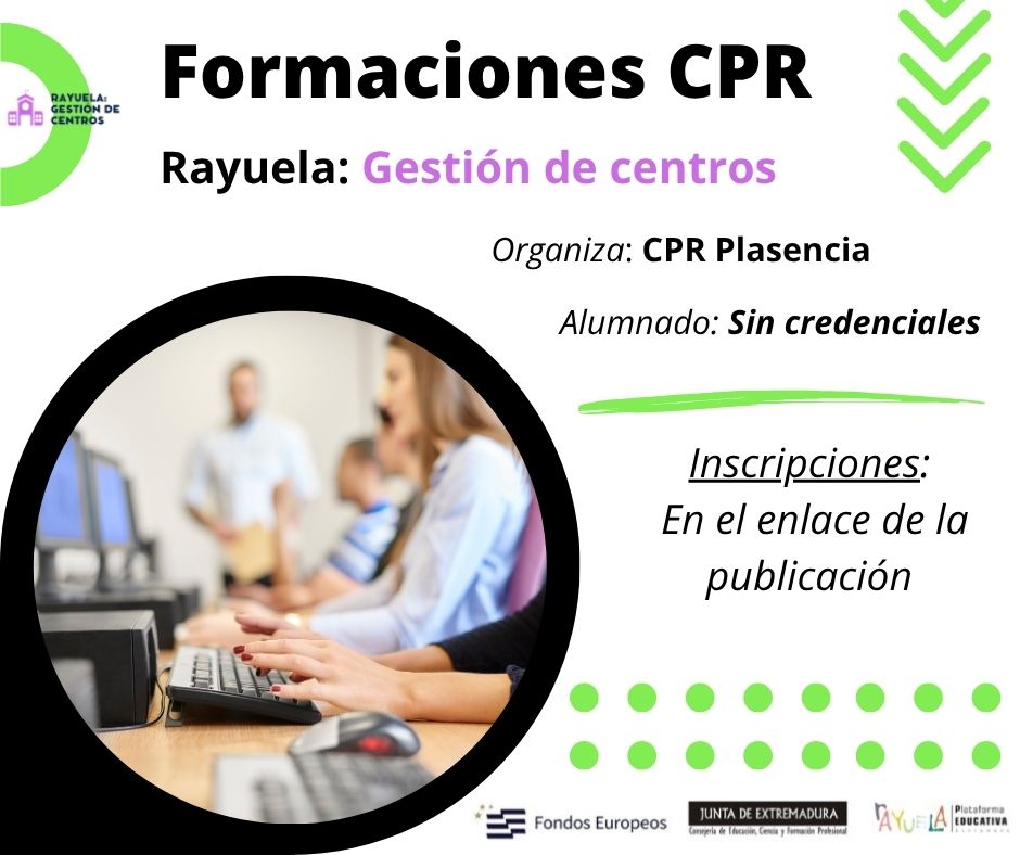 El CPR Plasencia en colaboración con Plataforma Rayuela convoca el curso: "Rayuela: Gestión de centros”, en formato B-learning con sesiones meet. El período de inscripción finaliza el 18 de noviembre de 2025.
Más información en: cprplasencia.educarex.es