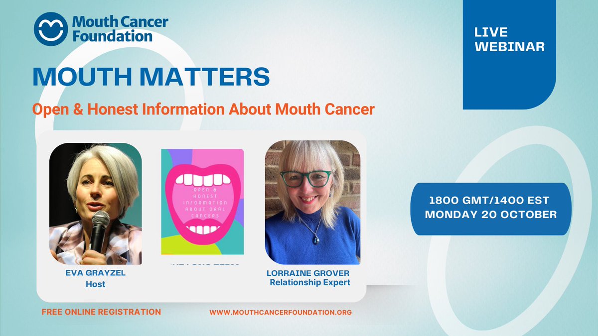 Discover how oral cancer patients can resume fulfilling relationships in November’s “Mouth Matters – Open and Honest Information about Mouth Cancers”.  Relationship Expert Lorraine Grover will be speaking with our host Eva Grayzel at 1800 on Monday 17 November in the UK and 1300