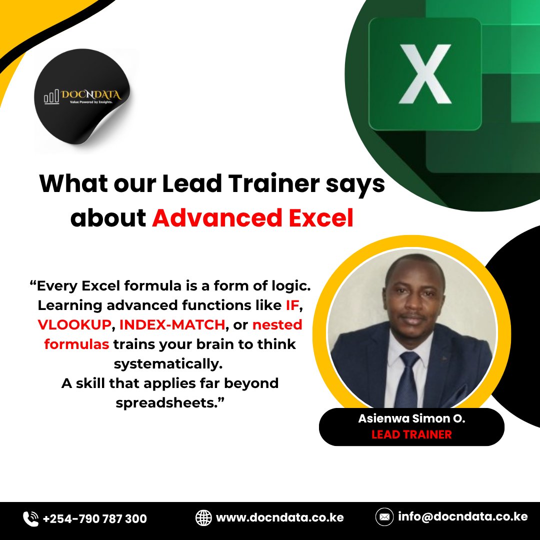 docndata's tweet image. Advanced Excel is your game changer.
Call/Whatsapp 0790 787 300
.
.
.
#AdvancedExcel #excel #AdvancedExcelTraining #AdvancedExcelCourse #nairobikenya #docndata