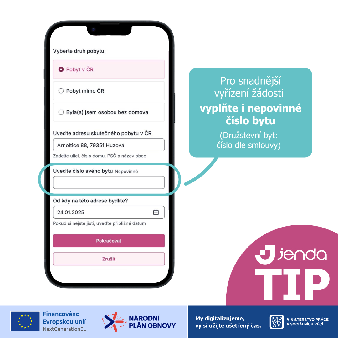 DigiMPSV's tweet image. Plynulé zpracování žádosti o #Superdávku pomáhá zajistit i vyplnění nepovinných údajů, třeba čísla bytu. Díky tomu se data lépe propojí a systém funguje tak, jak má.
💻 Digitalizace sociálních dávek v praxi 
ℹ️ jenda.mpsv.cz