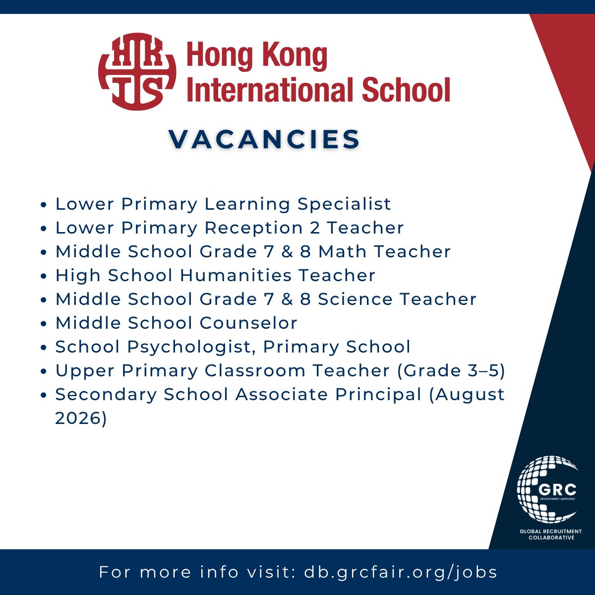 Hong Kong International School (HKIS) continues to stand out as a school where academic excellence meets heart, purpose, and global vision.
Swipe through the roles, your next chapter in Hong Kong might just be here. 

For application details, visit: db.grcfair.org/jobs