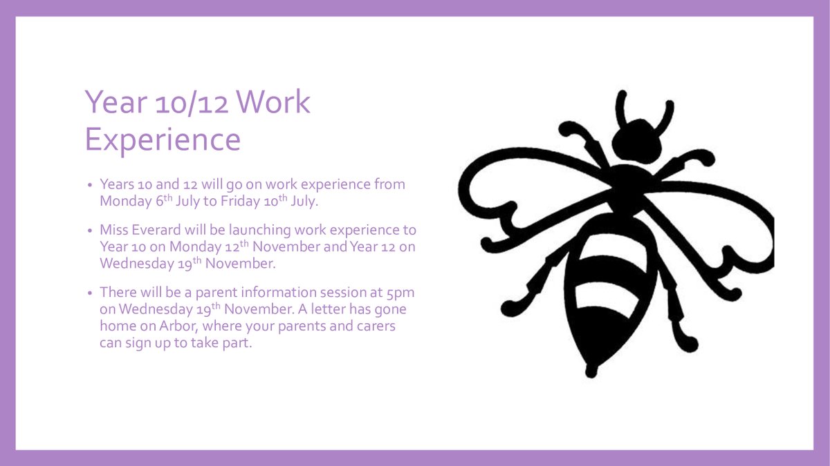 Exciting opportunities ahead for Year 10 &amp; 12 regarding work experience! Have a look below:

🟣 Work experience runs 6th-10th July.
🟣 Launch sessions: Year 10 - 12th Nov, Year 12 - 19th Nov.
🟣 Parent info session: 19th Nov, 5pm (sign up via Arbor).